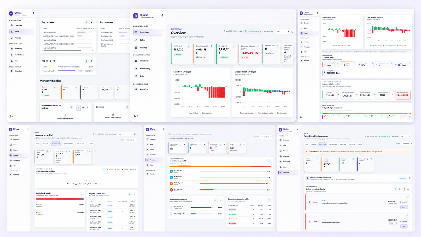 Composite of real QPulse pages showing Sales, Overview, Finance, Inventory, Purchasing, and the Executive Attention Queue.