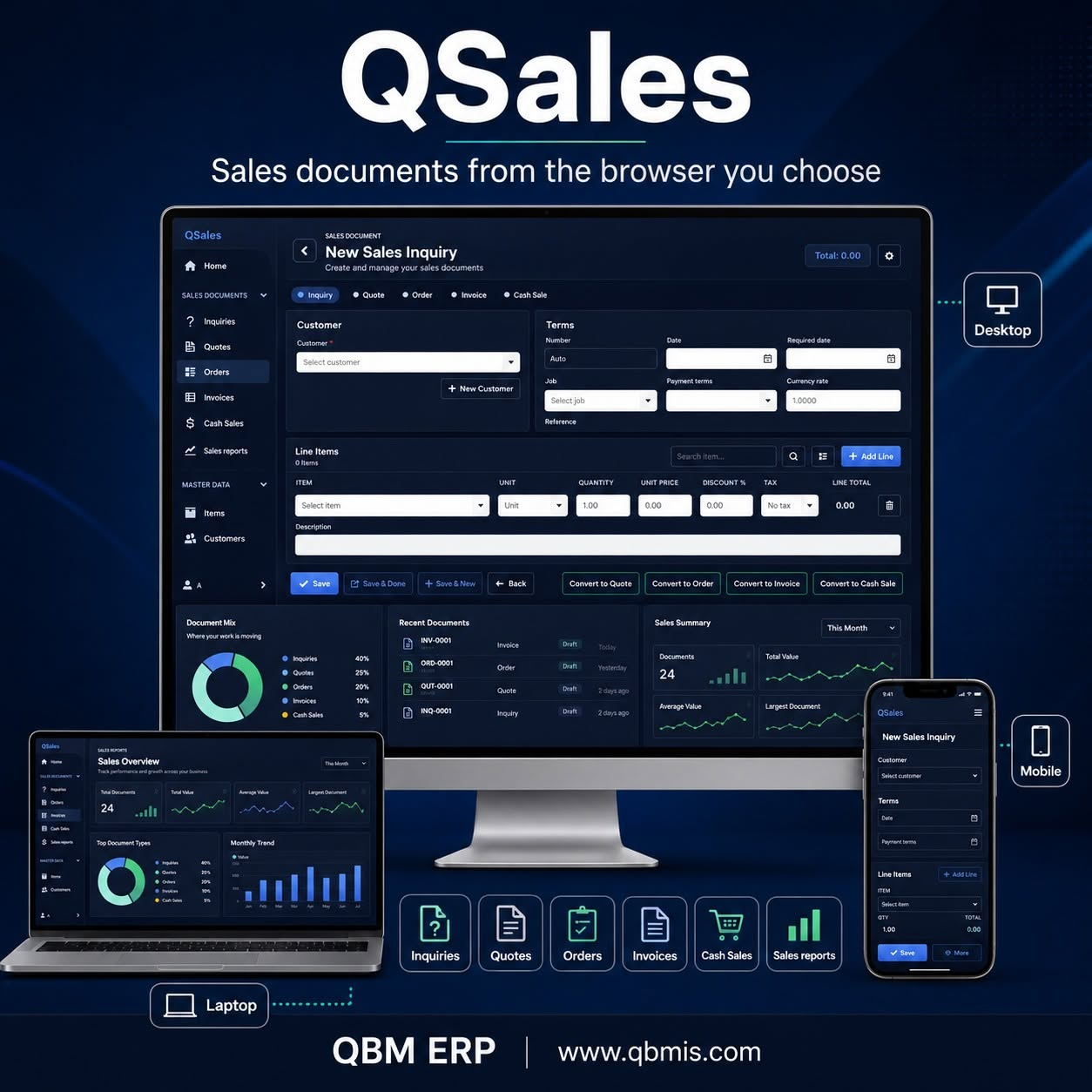 QSales shown across desktop, laptop, and mobile screens with sales document and reporting views.
